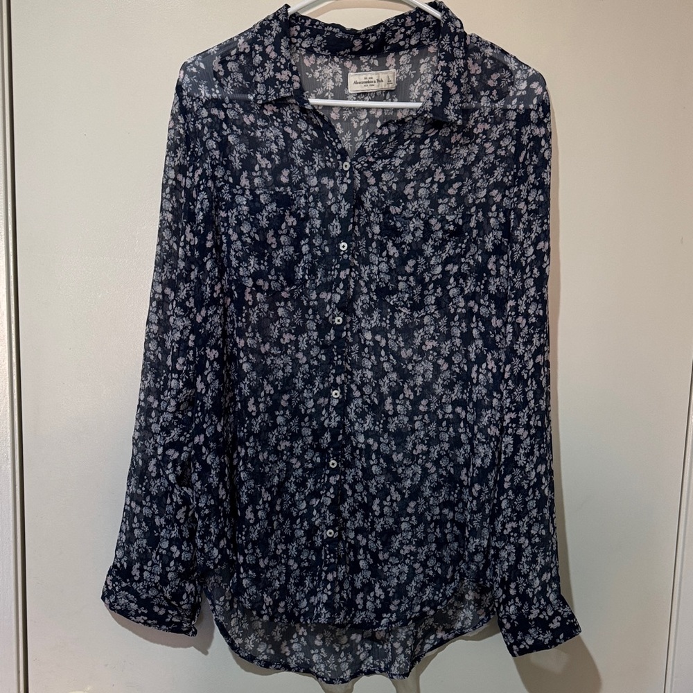 Abercrombie & Fitch Navy Floral Sheer Button-Down Shirt